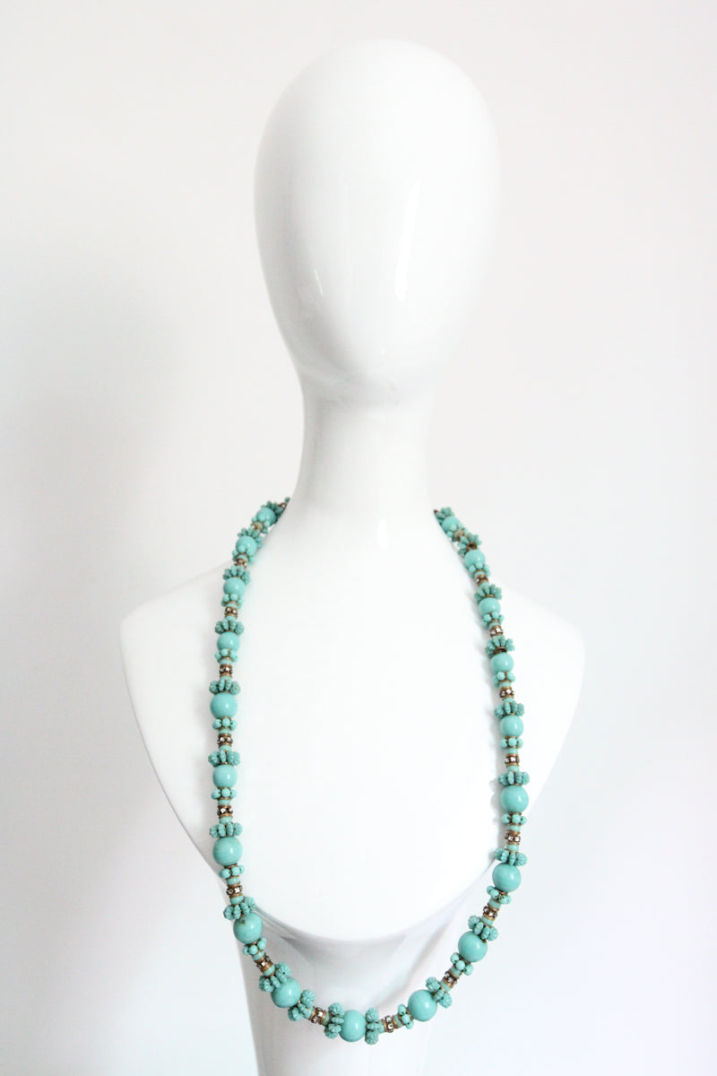 "Turquoise Flowers" Vintage 1950's Turquoise & Rhinestone Miriam Haskell Necklace