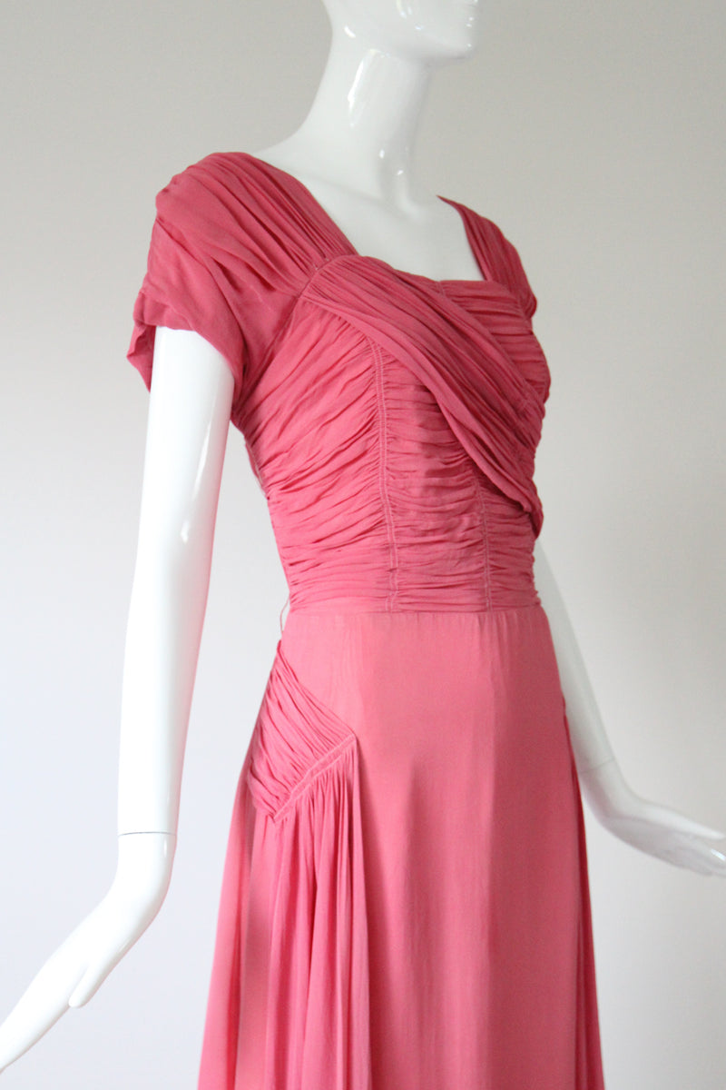 "Rose Silk Chiffon Pleats" Vintage 1940's Rose Silk Chiffon Evening Gown UK 12-14 US 8-10