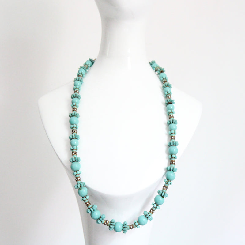 "Turquoise Flowers" Vintage 1950's Turquoise & Rhinestone Miriam Haskell Necklace