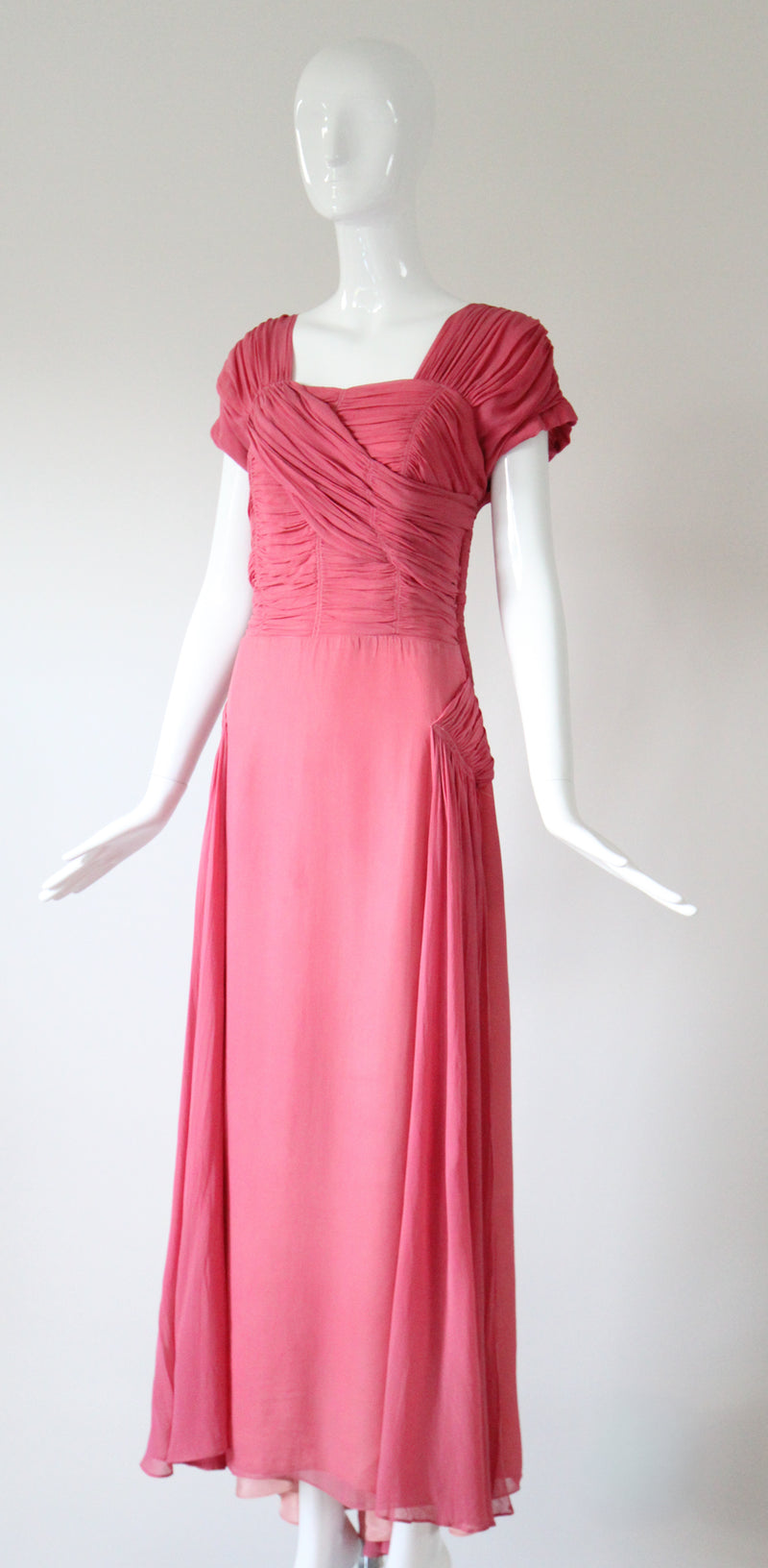 "Rose Silk Chiffon Pleats" Vintage 1940's Rose Silk Chiffon Evening Gown UK 12-14 US 8-10