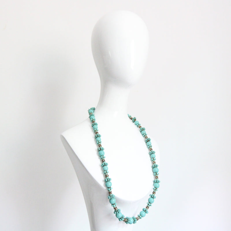 "Turquoise Flowers" Vintage 1950's Turquoise & Rhinestone Miriam Haskell Necklace