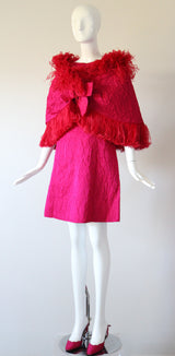 "Tickle Me Pink" Vintage 1960's Satin Matelasse Dress, Capelet & Shoe Set UK 12 US 8