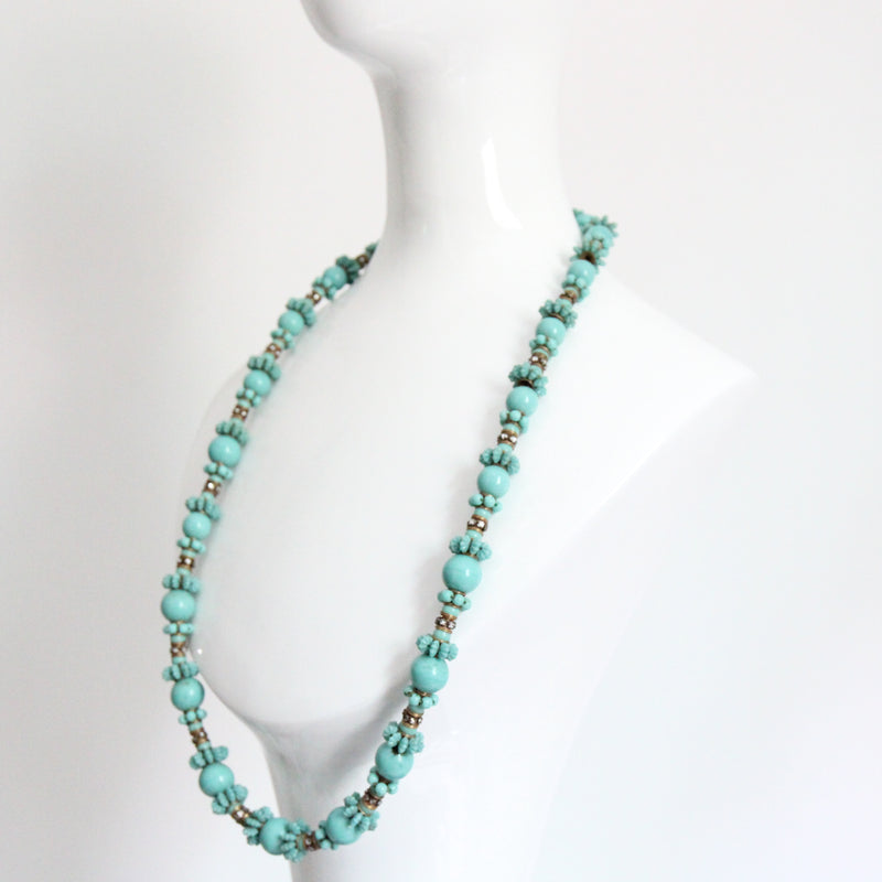 "Turquoise Flowers" Vintage 1950's Turquoise & Rhinestone Miriam Haskell Necklace