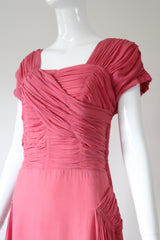 "Rose Silk Chiffon Pleats" Vintage 1940's Rose Silk Chiffon Evening Gown UK 12-14 US 8-10