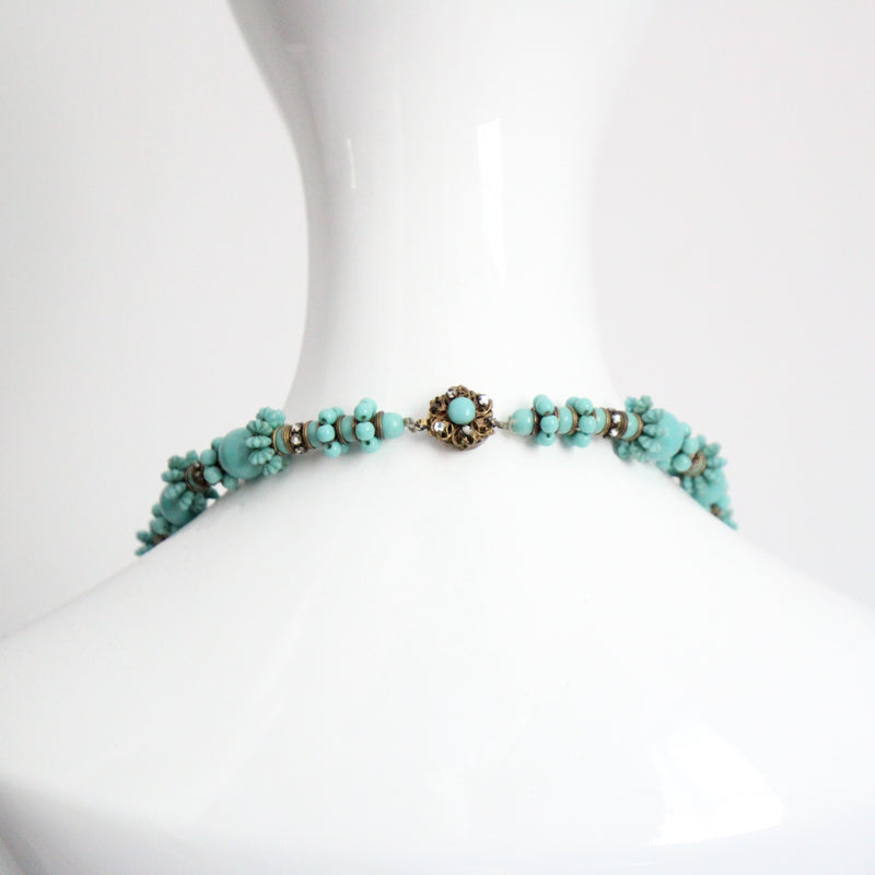 "Turquoise Flowers" Vintage 1950's Turquoise & Rhinestone Miriam Haskell Necklace