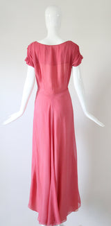 "Rose Silk Chiffon Pleats" Vintage 1940's Rose Silk Chiffon Evening Gown UK 12-14 US 8-10