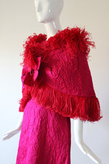 "Tickle Me Pink" Vintage 1960's Satin Matelasse Dress, Capelet & Shoe Set UK 12 US 8