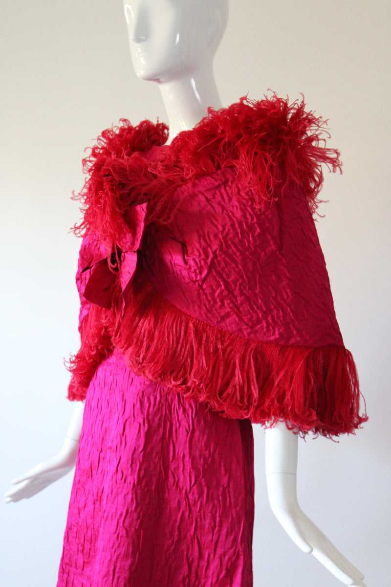 "Tickle Me Pink" Vintage 1960's Satin Matelasse Dress, Capelet & Shoe Set UK 12 US 8