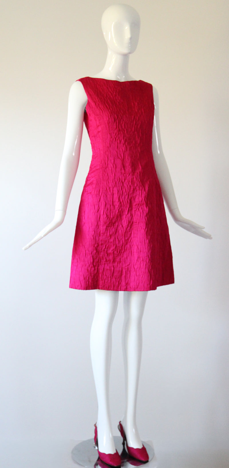 "Tickle Me Pink" Vintage 1960's Satin Matelasse Dress, Capelet & Shoe Set UK 12 US 8