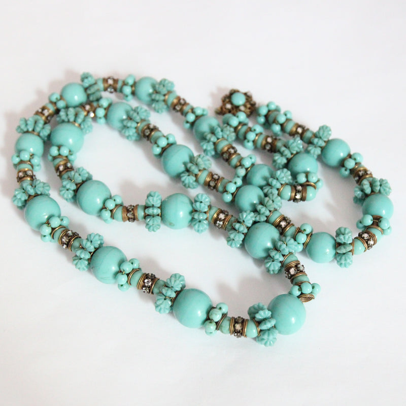 "Turquoise Flowers" Vintage 1950's Turquoise & Rhinestone Miriam Haskell Necklace