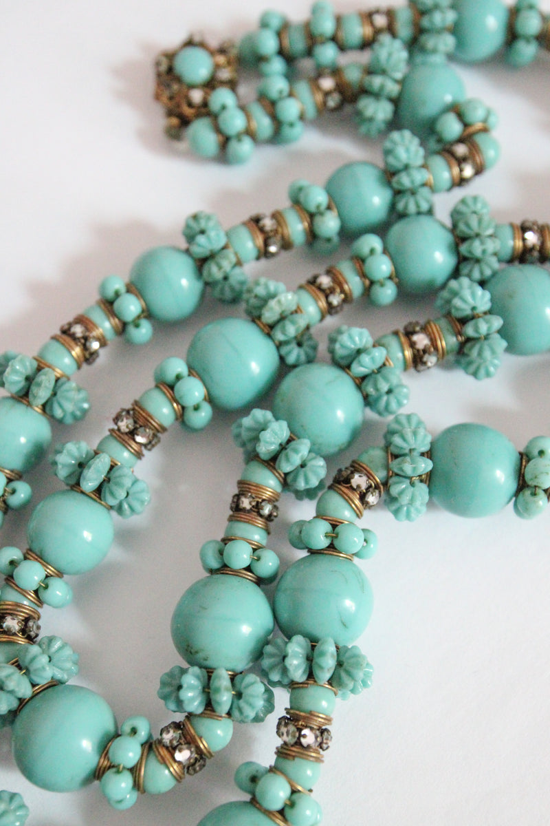 "Turquoise Flowers" Vintage 1950's Turquoise & Rhinestone Miriam Haskell Necklace