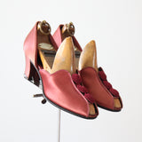 "Burgundy Satin Rosettes" Vintage 1940's Blush Satin Boudoir Slippers US 6 UK 4 EU 37