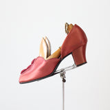 "Burgundy Satin Rosettes" Vintage 1940's Blush Satin Boudoir Slippers US 6 UK 4 EU 37