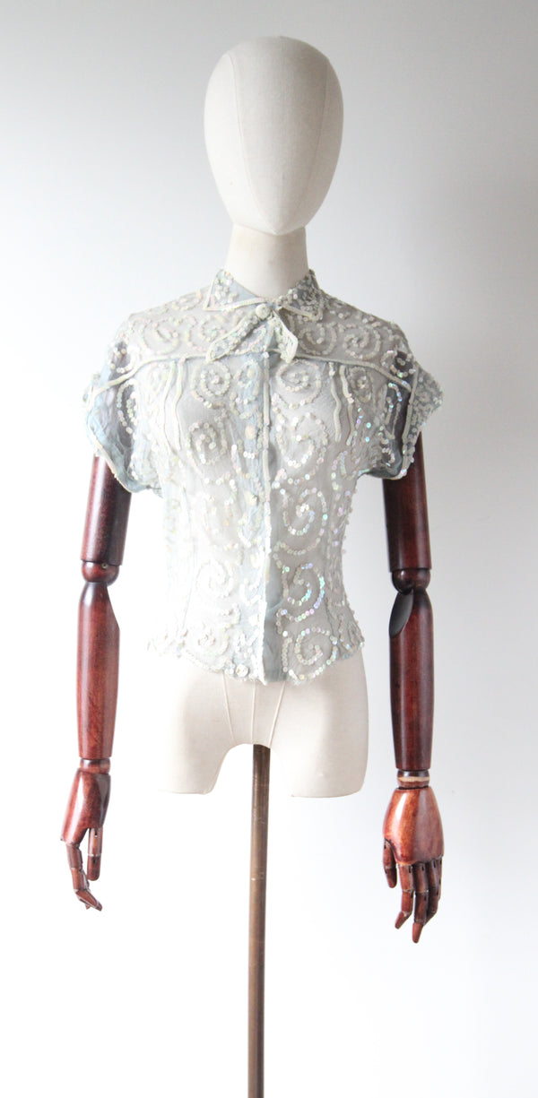 "Ice Blue Sequins" Vintage 1930's French Ice Blue Sequin & Tulle Blouse  UK 8-10 US 4-6