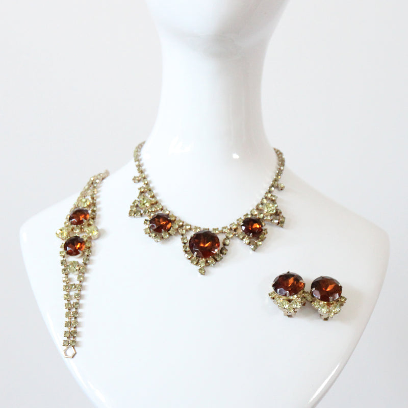 "Chartreuse & Bronze Rhinestone" Vintage 1950's Rhinestone Jewellery Set