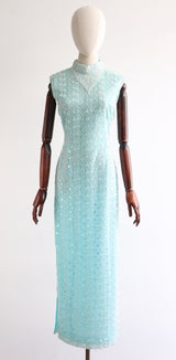 "Aqua Lace & Beadwork" vintage 1960's Beaded Lace Dress UK 10-12 US 6-8