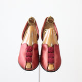 "Burgundy Satin Rosettes" Vintage 1940's Blush Satin Boudoir Slippers US 6 UK 4 EU 37