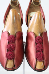 "Burgundy Satin Rosettes" Vintage 1940's Blush Satin Boudoir Slippers US 6 UK 4 EU 37