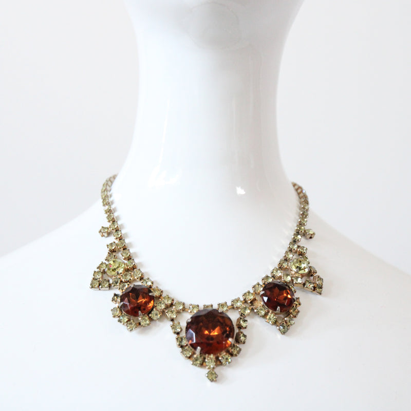 "Chartreuse & Bronze Rhinestone" Vintage 1950's Rhinestone Jewellery Set
