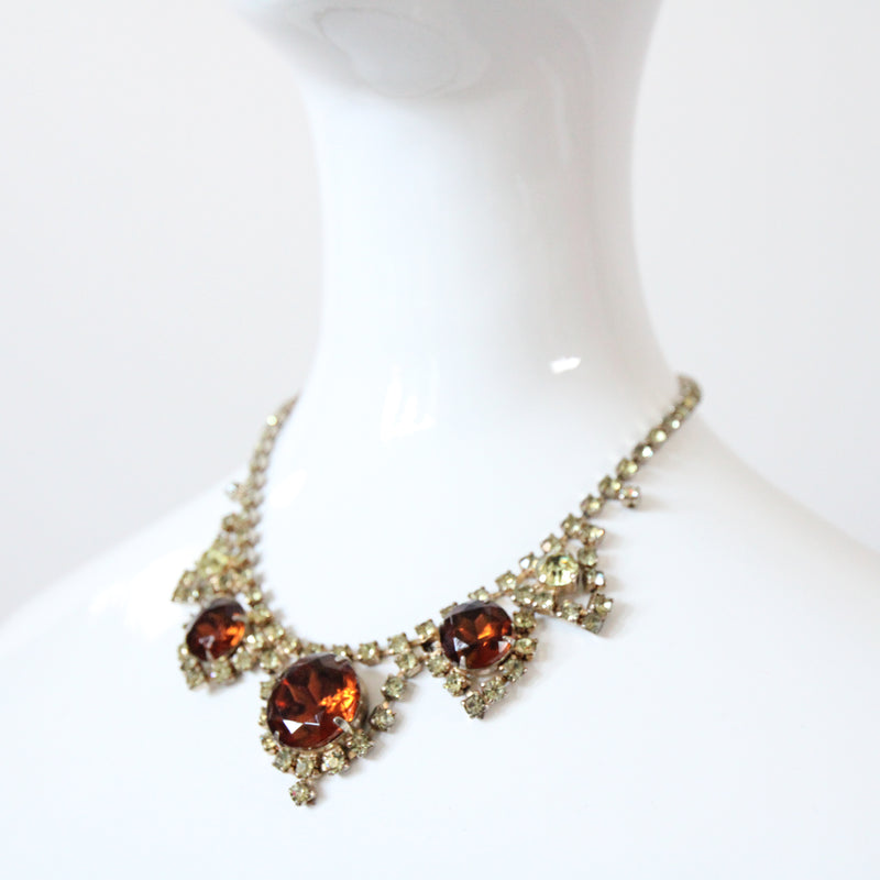 "Chartreuse & Bronze Rhinestone" Vintage 1950's Rhinestone Jewellery Set