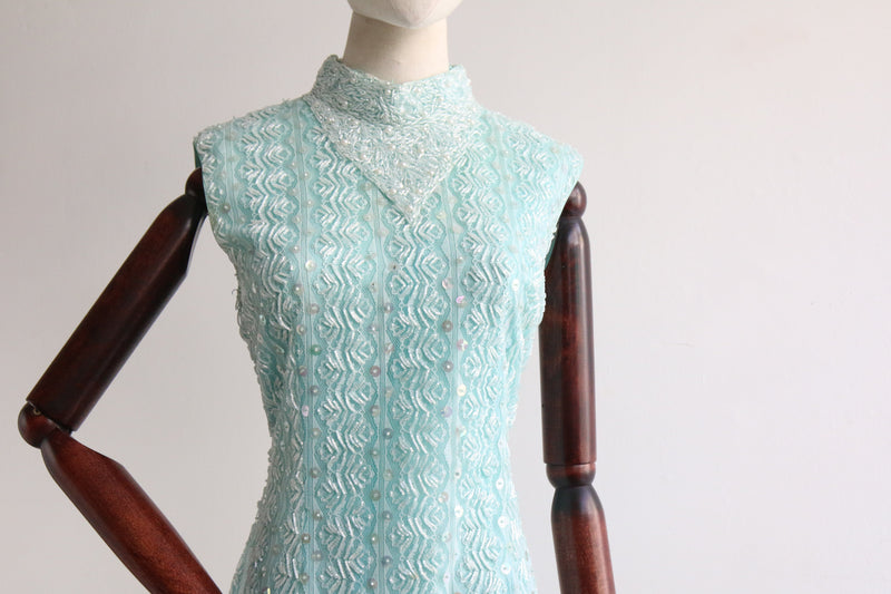 "Aqua Lace & Beadwork" vintage 1960's Beaded Lace Dress UK 10-12 US 6-8