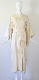 "Blooming Peonies" Vintage 1920's Cream Silk Floral Embroidered Kimono UK 10-14 US 6-10
