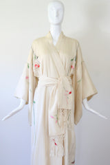 "Blooming Peonies" Vintage 1920's Cream Silk Floral Embroidered Kimono UK 10-14 US 6-10