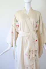 "Blooming Peonies" Vintage 1920's Cream Silk Floral Embroidered Kimono UK 10-14 US 6-10