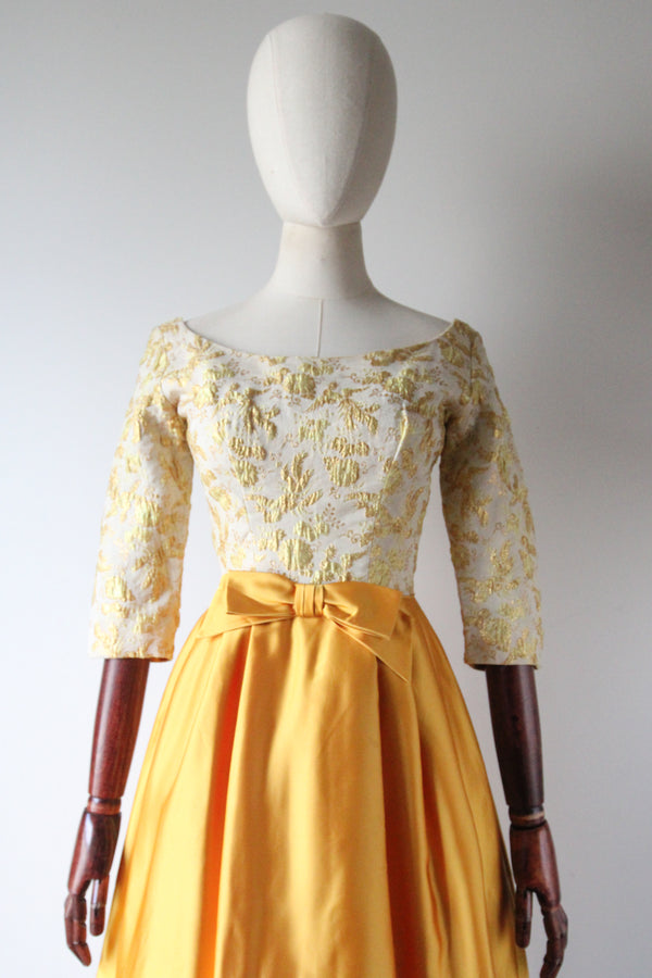 "Phoenix Brocade & Satin" Vintage 1950's Yellow & Gold Brocade Cocktail Dress UK 6 US 2