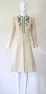 "Turquoise Beadwork & Wool" Vintage Late 1930's Beaded Wool Coat UK 8 US 4