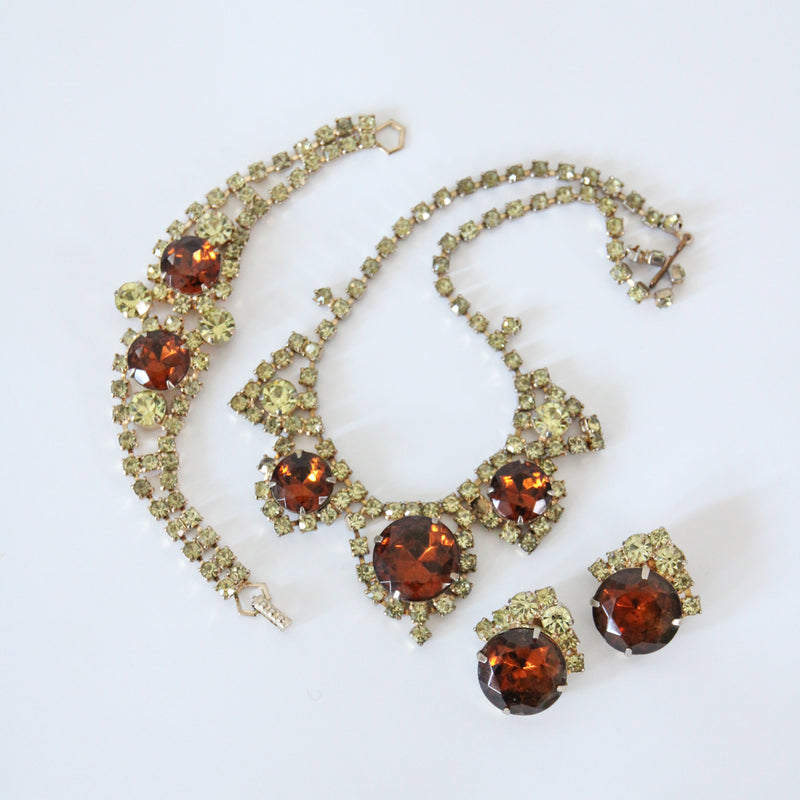 "Chartreuse & Bronze Rhinestone" Vintage 1950's Rhinestone Jewellery Set