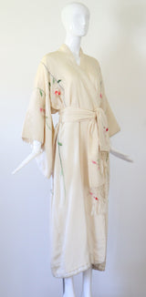 "Blooming Peonies" Vintage 1920's Cream Silk Floral Embroidered Kimono UK 10-14 US 6-10