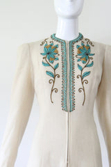 "Turquoise Beadwork & Wool" Vintage Late 1930's Beaded Wool Coat UK 8 US 4
