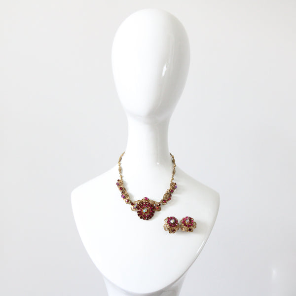"Filigree Pink Rhinestones" Vintage 1940's West German Pink Rhinestone Demi-Parure Set