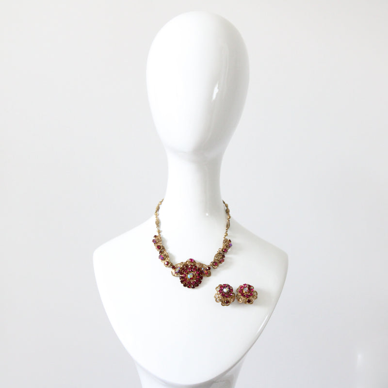 "Filigree Pink Rhinestones" Vintage 1940's West German Pink Rhinestone Demi-Parure Set