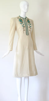 "Turquoise Beadwork & Wool" Vintage Late 1930's Beaded Wool Coat UK 8 US 4