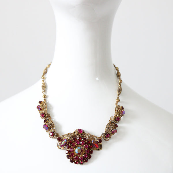 "Filigree Pink Rhinestones" Vintage 1940's West German Pink Rhinestone Demi-Parure Set