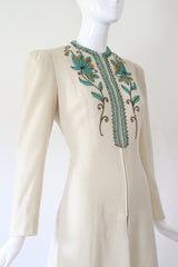 "Turquoise Beadwork & Wool" Vintage Late 1930's Beaded Wool Coat UK 8 US 4
