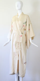 "Blooming Peonies" Vintage 1920's Cream Silk Floral Embroidered Kimono UK 10-14 US 6-10
