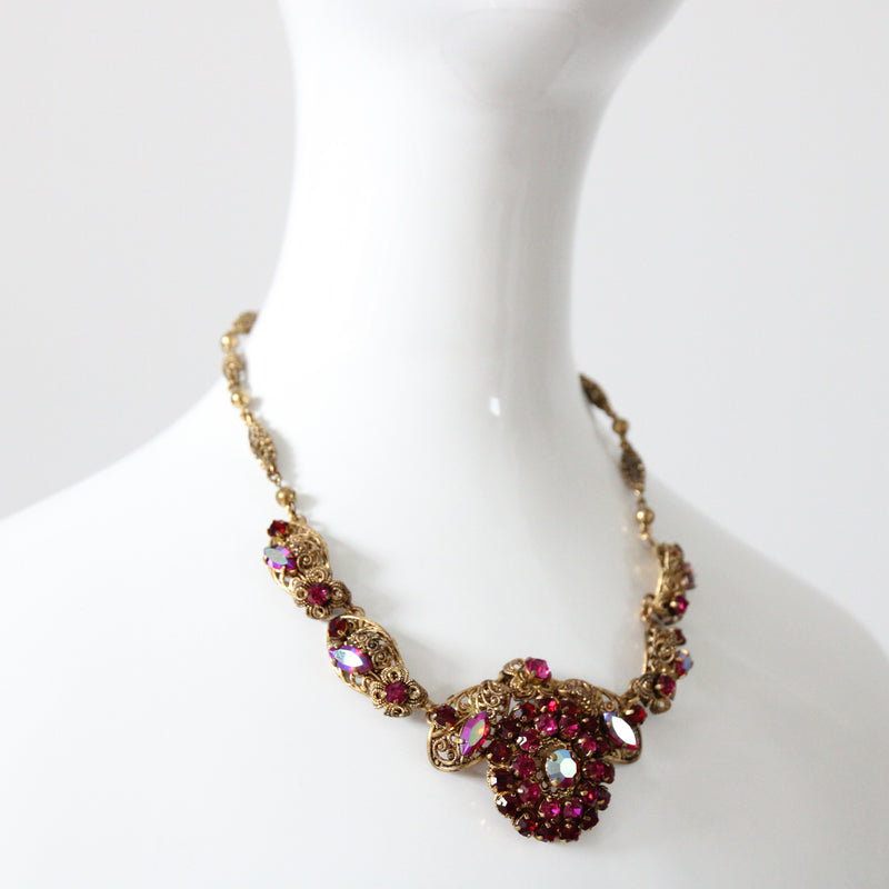 "Filigree Pink Rhinestones" Vintage 1940's West German Pink Rhinestone Demi-Parure Set