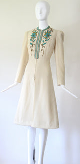 "Turquoise Beadwork & Wool" Vintage Late 1930's Beaded Wool Coat UK 8 US 4