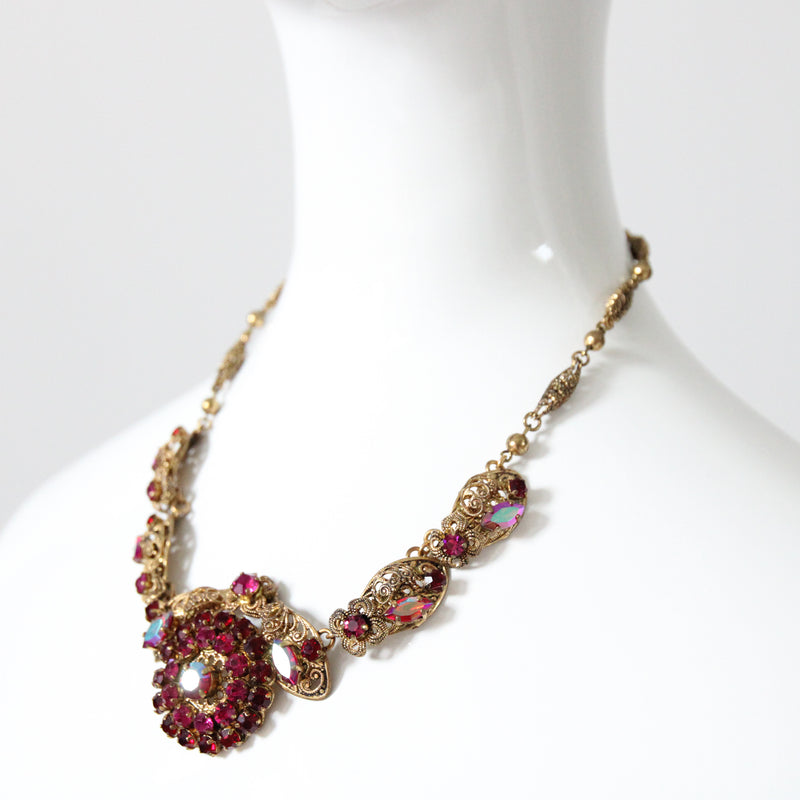 "Filigree Pink Rhinestones" Vintage 1940's West German Pink Rhinestone Demi-Parure Set