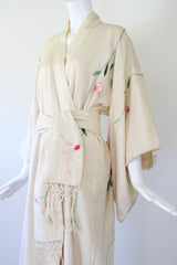 "Blooming Peonies" Vintage 1920's Cream Silk Floral Embroidered Kimono UK 10-14 US 6-10