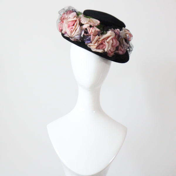 "Pastel Roses" Vintage 1940's Pastel Rose & Veil Hat