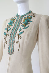 "Turquoise Beadwork & Wool" Vintage Late 1930's Beaded Wool Coat UK 8 US 4