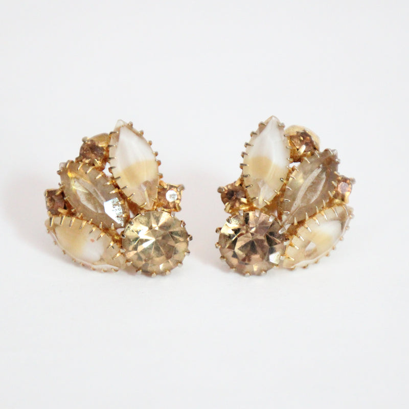 "Gold Rhinestones & Cabochon" Vintage 1950's Gold Rhinestone & Cabochon Clip on Earrings