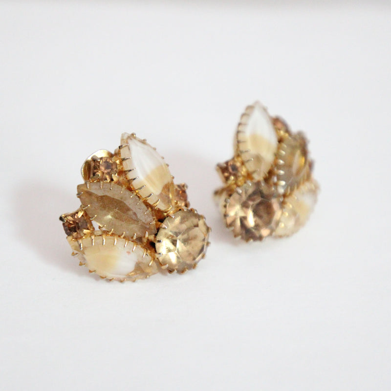 "Gold Rhinestones & Cabochon" Vintage 1950's Gold Rhinestone & Cabochon Clip on Earrings