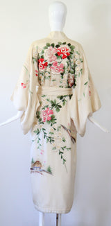 "Blooming Peonies" Vintage 1920's Cream Silk Floral Embroidered Kimono UK 10-14 US 6-10
