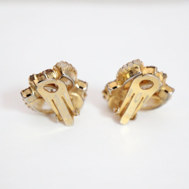 "Gold Rhinestones & Cabochon" Vintage 1950's Gold Rhinestone & Cabochon Clip on Earrings