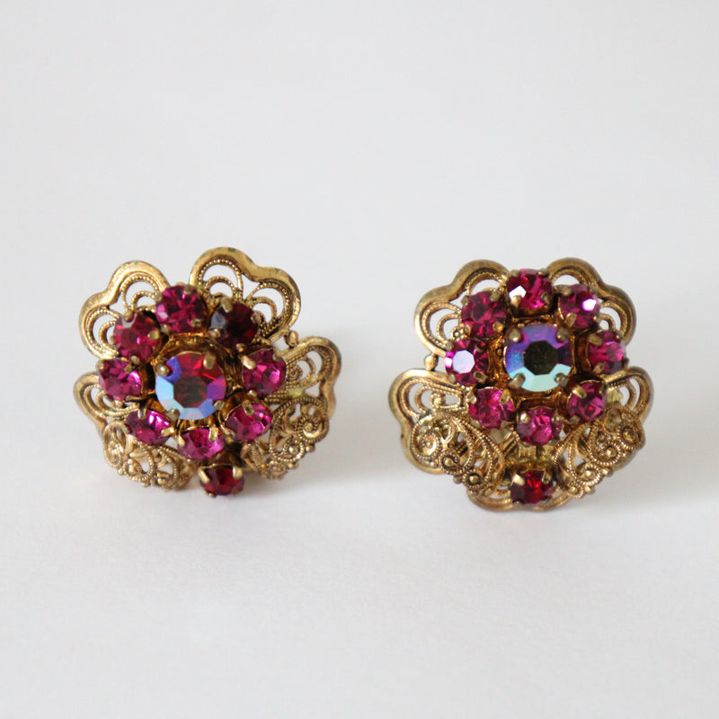 "Filigree Pink Rhinestones" Vintage 1940's West German Pink Rhinestone Demi-Parure Set